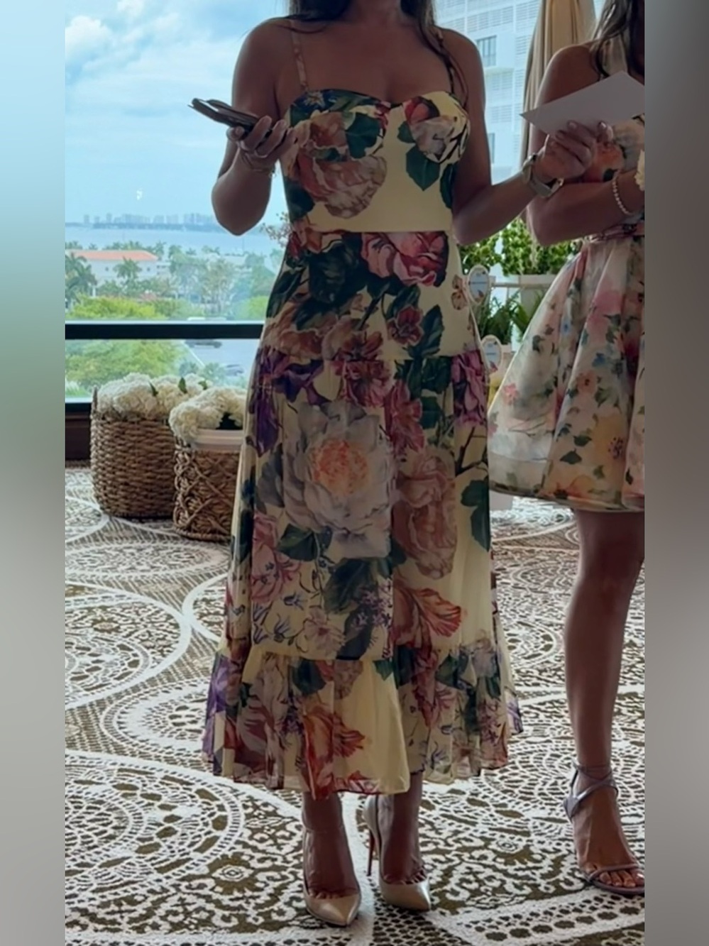Dress the Population Yellow Floral Strap Midi Dress